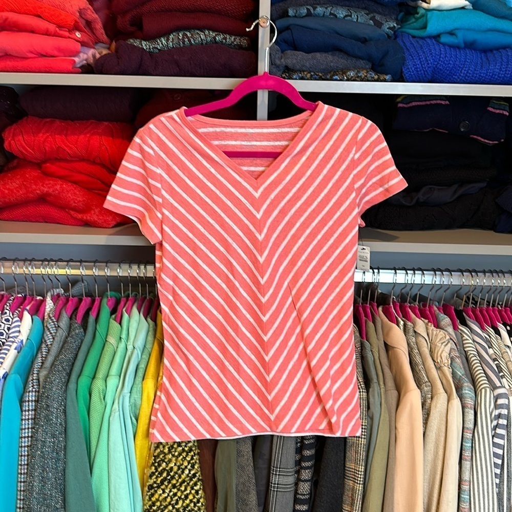 Talbots salmon and white striped short sleeve linen blend t shirt size XS NWT